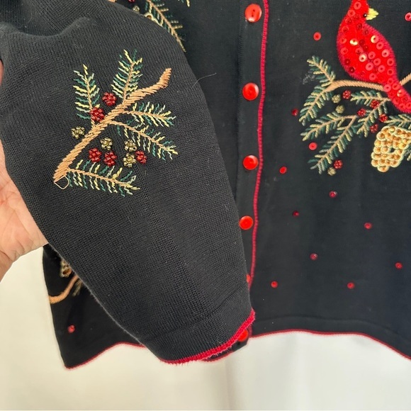 Terrazo Cardigan Sweater Size Large Holiday Cardinal Embroidered Beaded Bird - Picture 8 of 13